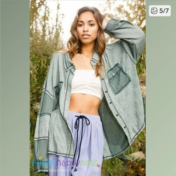 Pol Full Button Lightweight Shirt Size Large Beach Boho Green - Picture 2 of 14